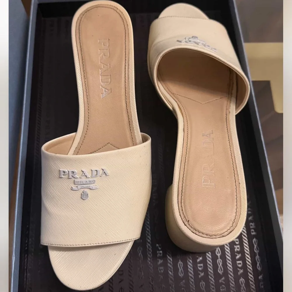 Prada Cream Leather Slide Mules with Logo - Picture 3 of 8